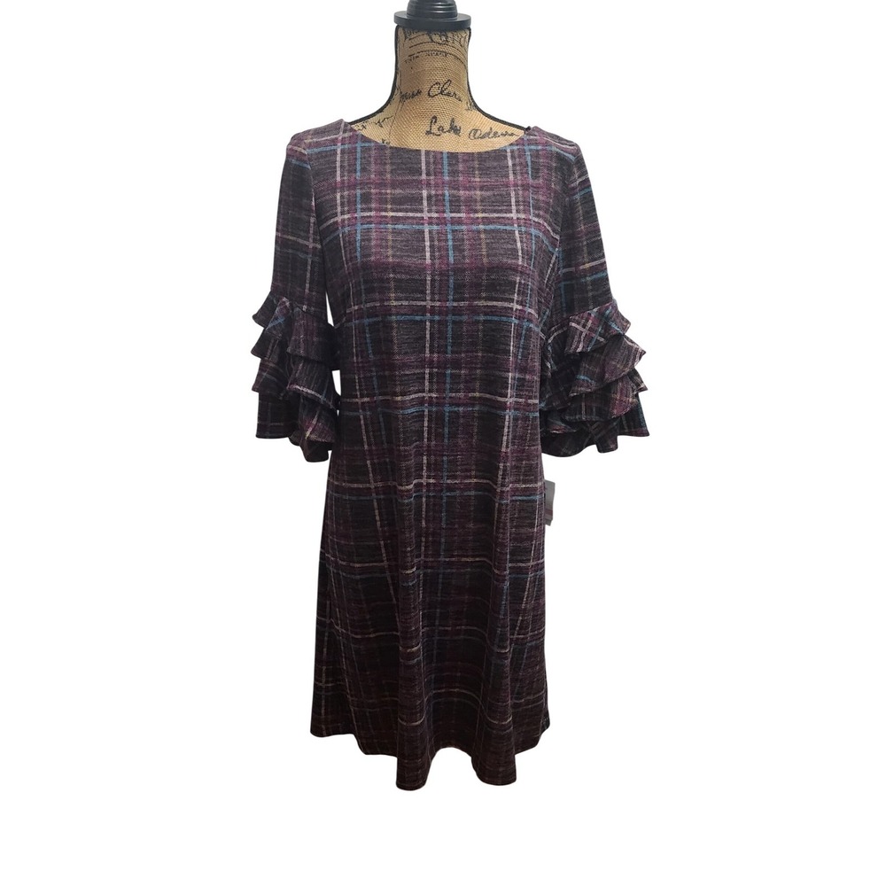 Gabby Skye Women's‎ Size 10 Plum Teal Plaid Ruffle Sleeve Cozy Knit Dress